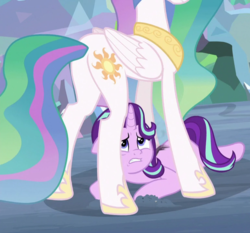 Size: 771x718 | Tagged: safe, screencap, princess celestia, starlight glimmer, pony, g4, the ending of the end, butt, cropped, looking up, lying down, momlestia, out of context, plot, prone, protecting, scorch mark, tallestia