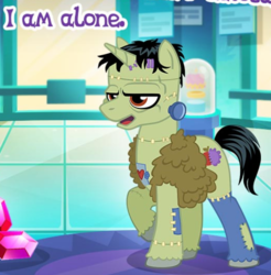 Size: 535x544 | Tagged: safe, gameloft, idw, frankenstag's monster, pony, unicorn, g4, spoiler:comic, spoiler:comic51, alone, frankenpony, frankenstein's monster, game screencap, gem, idw showified, male, meme, solo, stallion, wow! glimmer