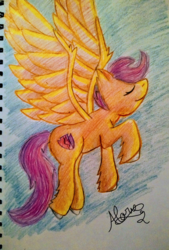 Size: 1080x1596 | Tagged: safe, artist:alorie_lumia, scootaloo, pegasus, pony, g4, eyes closed, female, flying, happy, happy birthday mlp:fim, mare, mlp fim's ninth anniversary, older, older scootaloo, raised hoof, scootaloo can fly, smiling