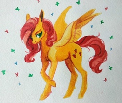 Size: 1200x1014 | Tagged: safe, artist:weird--fish, fluttershy, pegasus, pony, g4, crossed hooves, female, mare, simple background, solo, spread wings, standing, three quarter view, traditional art, watercolor painting, white background, wings