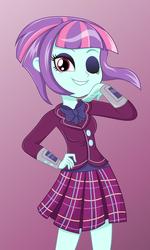 Size: 1280x2131 | Tagged: safe, artist:diilaycc, sunny flare, equestria girls, g4, adoraflare, bowtie, clothes, crystal prep academy uniform, cute, eyeshadow, female, looking at you, makeup, one eye closed, plaid skirt, pleated skirt, school uniform, skirt, smiling, solo, sunny flare's wrist devices, wink