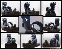 Size: 2718x2132 | Tagged: safe, artist:prodius, oc, oc only, oc:orchid, kaiju, kaiju pony, pony, boat, commission, craft, female, figurine, glowing cutie mark, glowing eyes, high res, irl, macro, photo, pier, sculpey, sculpture, solo, standing in water, traditional art, tree