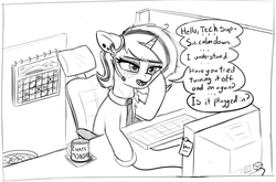 Size: 1673x1105 | Tagged: safe, artist:zippysqrl, oc, oc only, oc:lilith, pony, unicorn, calendar, chair, computer, computer desk, computer mouse, computer screen, desk, dialogue, earpiece, female, freckles, grayscale, hell, hoof on cheek, i hate mondays, it crowd, keyboard, leaning, lidded eyes, monochrome, mug, necktie, office, office chair, open mouth, sketch, solo, speech bubble, sticky note, tech support, tired