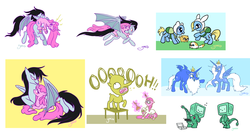 Size: 2512x1323 | Tagged: safe, artist:yamino, alicorn, bat pony, cat, dog, dragon, earth pony, pony, undead, unicorn, vampire, vampony, adventure time, bmo, cake the cat, finn the human, fionna the human, horn, ice king, ice queen, jake the dog, lemongrab, male, marceline, mouth hold, ponified, princess bubblegum, r63 paradox, rule 63, self dragondox, self paradox, self ponidox