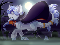Size: 2376x1800 | Tagged: safe, artist:prism(not colourful), oc, pony, unicorn, cloak, clothes, costume, female, halloween, holiday, mare, night, nightmare night costume, pumpkin bucket, solo, trick or treat