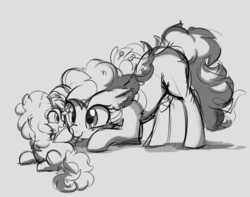 Size: 1057x832 | Tagged: safe, artist:aureai-sketches, li'l cheese, pinkie pie, earth pony, pony, g4, the last problem, alternate hairstyle, female, filly, happy, mare, mlp fim's ninth anniversary, monochrome, open mouth, scrunchy face, simple background, sketch, smiling, tongue out, white background, wip