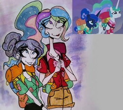 Size: 2212x1976 | Tagged: safe, artist:citi, princess celestia, princess luna, alicorn, human, pony, between dark and dawn, g4, alternate hairstyle, clothes, duo, duo female, female, humanized, impossibly long neck, mare, screencap reference, shirt, short, t-shirt