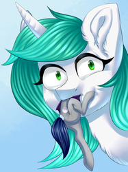 Size: 2166x2901 | Tagged: safe, artist:helemaranth, oc, oc only, bat pony, pony, unicorn, rcf community, bat pony oc, bust, duo, ear fluff, female, fetish, high res, horn, mare, mare in the moon, micro, moon, struggling, unicorn oc, vore, wide eyes, ych result
