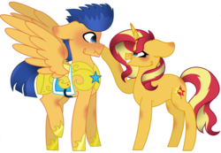 Size: 1076x743 | Tagged: safe, artist:scarletwitchinfire, flash sentry, sunset shimmer, pegasus, pony, unicorn, g4, blushing, boop, cute, diasentres, ear fluff, female, floppy ears, male, mare, scrunchy face, shimmerbetes, ship:flashimmer, shipping, simple background, spread wings, stallion, straight, sweet dreams fuel, transparent background, wingboner, wings