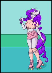 Size: 3508x4961 | Tagged: safe, artist:pitchyy, rarity, unicorn, anthro, plantigrade anthro, g4, 80s, belly button, clothes, female, midriff, roller skates, shirt, shorts, socks, solo