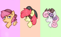 Size: 1362x818 | Tagged: safe, artist:hunterthewastelander, apple bloom, scootaloo, sweetie belle, earth pony, pegasus, pony, unicorn, g4, bandana, bust, cutie mark crusaders, eyepatch, female, filly, floating wings, frown, hat, palindrome get, pirate, pirate hat, wings