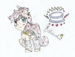 Size: 3571x2715 | Tagged: safe, artist:foxtrot3, oc, oc only, oc:saturnalia, earth pony, pony, beads, bells, blushing, clothes, confetti, cutie mark, high res, leg warmers, leggings, party pony, smiling, solo