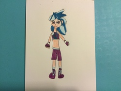 Size: 3264x2448 | Tagged: safe, artist:kittycathryn239, frosty orange, human, equestria girls, g4, boxing, clothes, crossover, exeron fighters, exeron outfit, female, high res, humanized, midriff, mma, solo, sports, sports bra, traditional art