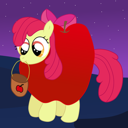 Size: 1280x1280 | Tagged: safe, artist:sweetielover, apple bloom, earth pony, pony, g4, apple, apple bloom's bow, bow, bucket, clothes, costume, female, filly, food, food costume, giant apple, hair bow, mouth hold, nightmare night costume, solo, that pony sure does love apples