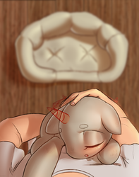 Size: 2638x3356 | Tagged: safe, artist:klooda, oc, oc only, human, pony, advertisement, blushing, commission, cushion, detailed, detailed background, eyes closed, hand, high res, holding a pony, human and pony, no mane, pony pet, sleeping, sleepy, solo, your character here