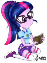 Size: 1536x2048 | Tagged: safe, artist:artmlpk, sci-twi, twilight sparkle, equestria girls, g4, my little pony equestria girls: legend of everfree, book, camp everfree outfits, clothes, converse, cute, female, glasses, ponytail, reading, shoes, sitting, sneakers, socks, solo, thigh highs, twiabetes
