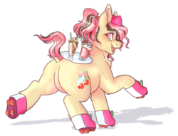 Size: 3686x2820 | Tagged: safe, artist:girlboyburger, oc, oc only, oc:vanilla milkskate, earth pony, pony, blushing, chubby, cute, female, food, freckles, high res, mare, milkshake, pastel, pink, roller skates, simple background, solo, transparent background