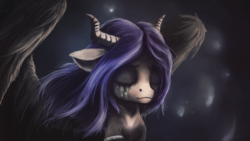 Size: 2101x1181 | Tagged: safe, artist:stdeadra, demon, demon pony, monster pony, original species, pony, succubus, crying, horn, purple hair, wings