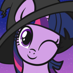 Size: 2100x2100 | Tagged: safe, artist:sjart117, twilight sparkle, pony, unicorn, g4, bust, cute, female, gradient background, halloween, hat, high res, holiday, looking at you, mare, night, nightmare night, one eye closed, portrait, smiling, solo, stars, twiabetes, wink, witch, witch hat