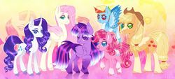 Size: 1920x869 | Tagged: safe, artist:sadelinav, applejack, fluttershy, pinkie pie, rainbow dash, rarity, twilight sparkle, alicorn, earth pony, pegasus, pony, unicorn, g4, alternate design, coat markings, colored hooves, colored wings, cowboy hat, curved horn, female, flying, hat, horn, mane six, mare, socks (coat markings), twilight sparkle (alicorn), unshorn fetlocks, wings