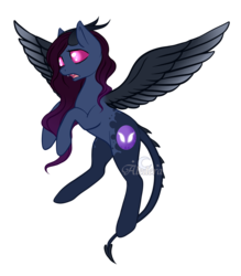 Size: 1032x1180 | Tagged: safe, artist:aledera, oc, oc only, oc:lilith (aledera), original species, pony, tiefling, female, horns, mare, simple background, solo, spread wings, transparent background, watermark, wings