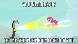 Size: 1440x810 | Tagged: safe, edit, edited screencap, screencap, discord, pinkie pie, draconequus, earth pony, pony, g4, the ending of the end, grogar's bell, meme