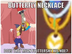 Size: 1440x1080 | Tagged: safe, edit, edited screencap, screencap, discord, butterfly, draconequus, discordant harmony, g4, caption, image macro, implied fluttershy, jewelry, male, meme, necklace, question, sunglasses, swearing, text