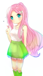 Size: 400x700 | Tagged: safe, artist:youhoujou, fluttershy, equestria girls, g4, blushing, clothes, cute, female, fluttershy's skirt, hair twirl, looking at you, pixiv, shyabetes, simple background, skirt, solo, tank top, white background
