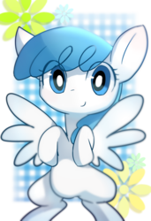 Size: 445x650 | Tagged: safe, artist:youhoujou, lightning bolt, white lightning, pegasus, pony, g4, bipedal, cute, eye clipping through hair, female, flower, mare, pixiv, solo, spread wings, wings