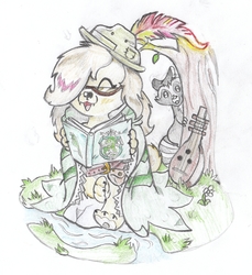Size: 2923x3185 | Tagged: safe, artist:foxtrot3, oc, oc only, pony, raccoon, book, cape, clothes, commission, high res, phoenix feather, ranger hat, river, scenery, traditional art, tree