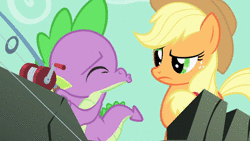 Size: 1280x720 | Tagged: safe, screencap, applejack, spike, dragon, earth pony, pony, a dog and pony show, g4, season 1, animated, cloud, female, fishing rod, kissy face, male, mare, out of context, rock, shipping fuel, sky, sound, webm
