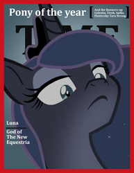 Size: 2550x3300 | Tagged: safe, edit, edited screencap, screencap, princess luna, pony, g4, sparkle's seven, bust, cropped, female, high res, implied fluttershy, implied lord tirek, implied princess celestia, implied spike, implied tara strong, magazine cover, pony of the year, pure evil, putin parody, solo