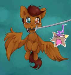 Size: 872x916 | Tagged: safe, artist:midnightpremiere, oc, oc:hors, oc:sparrow, pegasus, pony, flying, gradient background, heterochromia, mouth hold, sword, weapon