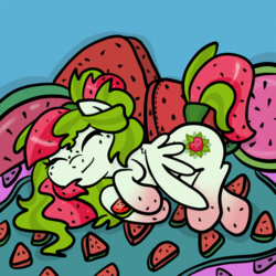 Size: 2100x2100 | Tagged: safe, artist:sjart117, oc, oc only, oc:watermelana, pegasus, pony, bed, blanket, comfy, eyes closed, female, food, freckles, gradient hooves, high res, mare, melon, pillow, plushie, sleeping, smiling, solo, squishy, squishy cheeks, towel, watermelon, wings