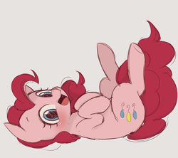 Size: 974x866 | Tagged: safe, artist:manachaaaaaaaa, pinkie pie, earth pony, pony, g4, blushing, cute, diapinkes, female, gray background, legs in air, on back, open mouth, pixiv, simple background, solo