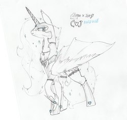 Size: 4120x3882 | Tagged: safe, artist:foxtrot3, oc, oc only, oc:cj, oc:lovestruck, pony, alternate design, alternate timeline, armor, chains, clothes, fusion, heart, hybrid wings, jewelry, necklace, pegasus unicorn, perfume mane, shoes, solo, traditional art, wings