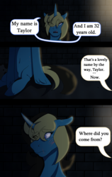 Size: 1688x2666 | Tagged: safe, artist:moonaknight13, princess celestia, oc, oc:taylor queen, alicorn, pony, comic:the magic within, g4, comic, comic series, dungeon, scar, text, text bubbles
