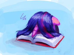Size: 1280x948 | Tagged: safe, artist:aemuhn, twilight sparkle, pony, g4, atg 2019, book, bookhorse, facebooking, faceplant, female, floppy ears, newbie artist training grounds, solo