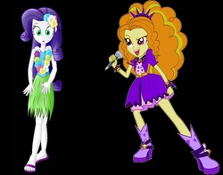 Size: 941x740 | Tagged: safe, artist:dieart77, edit, editor:thomasfan45, vector edit, adagio dazzle, rarity, human, equestria girls, g4, my little pony equestria girls: rainbow rocks, bare shoulders, black background, clothes, cute, disguise, disguised siren, feet, female, flower, flower in hair, gem, grass skirt, hawaiian flower in hair, high heels, hula, hula dance, hularity, hypno eyes, hypnosis, hypnotic music, hypnotic song, hypnotized, jewelry, lei, microphone, pendant, sandals, sexy, shoes, simple background, singing, siren gem, skirt, spiked wristband, tank top, vector, wristband
