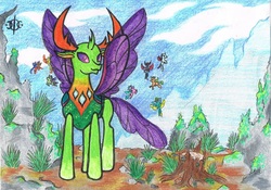 Size: 1657x1162 | Tagged: safe, artist:assertiveshypony, ocellus, pharynx, thorax, changedling, changeling, g4, changedling brothers, drawing, king thorax, prince pharynx, solo focus, traditional art, wings