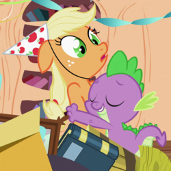 Size: 1080x1080 | Tagged: safe, screencap, applejack, spike, dragon, earth pony, pony, g4, secret of my excess, baby, baby dragon, birthday, book, cropped, duo, embarrassed, eyes closed, female, floppy ears, freckles, golden oaks library, grateful, grin, hat, hug, male, mare, open mouth, party hat, ponytail, shipping fuel, smiling