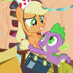 Size: 1080x1080 | Tagged: safe, screencap, applejack, spike, dragon, earth pony, pony, g4, secret of my excess, baby, baby dragon, birthday, book, cropped, cute, duo, embarrassed, fangs, female, freckles, golden oaks library, grateful, grin, hat, hug, looking at each other, male, mare, missing accessory, party hat, ponytail, shipping fuel, smiling, spikabetes