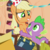 Size: 1080x1080 | Tagged: safe, screencap, applejack, spike, dragon, earth pony, pony, g4, my little pony: friendship is magic, secret of my excess, baby, baby dragon, birthday, book, cropped, cute, duo, embarrassed, fangs, female, freckles, golden oaks library, grateful, grin, hat, hug, looking at each other, male, mare, missing accessory, party hat, ponytail, shipping fuel, smiling, spikabetes