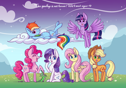 Size: 4680x3281 | Tagged: dead source, safe, artist:dsp2003, applejack, fluttershy, gummy, pinkie pie, rainbow dash, rarity, twilight sparkle, alicorn, earth pony, pegasus, pony, unicorn, g4, :3, armpits, chest fluff, cloud, cute, ear fluff, end of ponies, faic, female, flying, frog (hoof), leg fluff, looking at you, mane six, mare, mlp fim's ninth anniversary, open mouth, signature, smug, smugdash, spread wings, stars, twilight sparkle (alicorn), underhoof, wings