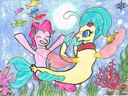 Size: 1345x1015 | Tagged: safe, artist:assertiveshypony, pinkie pie, princess skystar, earth pony, fish, pony, seapony (g4), g4, my little pony: the movie, drawing, underwater