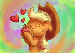 Size: 1280x905 | Tagged: safe, artist:aemuhn, applejack, earth pony, pony, g4, apple, atg 2017, cowboy hat, cute, eyes closed, female, floating heart, floppy ears, hat, heart, jackabetes, newbie artist training grounds, solo, that pony sure does love apples
