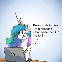 Size: 1200x1200 | Tagged: safe, artist:anticular, princess celestia, alicorn, pony, banana, bananalestia, computer, cute, cutelestia, dating, female, food, gradient background, laptop computer, mare, solo, text, tol, tongue out
