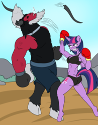 Size: 1250x1600 | Tagged: safe, artist:linedraweer, lord tirek, twilight sparkle, alicorn, anthro, unguligrade anthro, fighting is magic, g4, ass, beard, belly punch, blood, boxing, boxing gloves, bra, broken horn, broken teeth, butt, clothes, comic, commission, facial hair, female, fight, horn, horns, male, mare, muscles, punch, size difference, spitting, sports, twilight sparkle (alicorn), twilight vs tirek, underwear, uppercut, wings