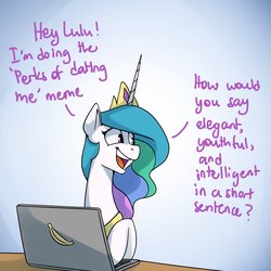 Size: 1200x1200 | Tagged: safe, artist:anticular, princess celestia, alicorn, pony, g4, banana, bananalestia, computer, dating, dialogue, female, food, implied princess luna, jewelry, mare, open mouth, peytral, question, regalia, smiling, solo