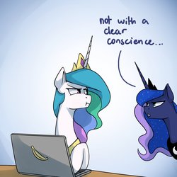 Size: 1200x1200 | Tagged: safe, artist:anticular, princess celestia, princess luna, alicorn, pony, g4, :t, angry, banana, bananalestia, burn, computer, dialogue, duo, female, food, jewelry, looking at each other, mare, open mouth, peytral, regalia, royal sisters, savage, scrunchy face, unamused